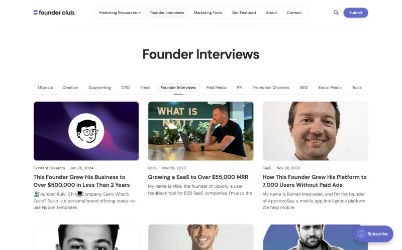 The Founder Interviews page on founderclub.com today